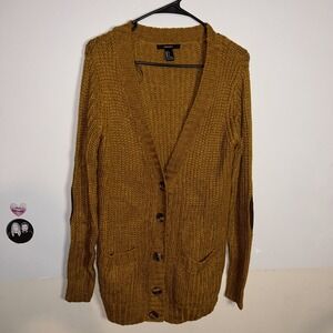 Forever‎ 21 Button Up Sweater Size Small Yellow/Brown Elbow Pads